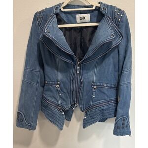 Fashion SX Women's Med? Riveted Denim Biker Motorcycle Jacket Punk‎ distressed